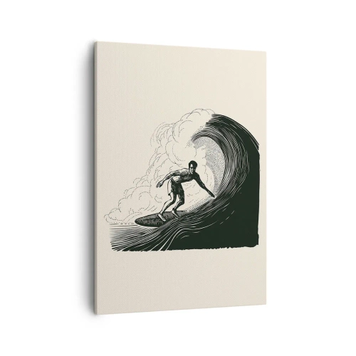 Impression sur toile - Image sur toile - Graphique en noir et blanc d'un surfeur sur une vague - 50x70cm - Le roi de la vague - Décoration murale moderne pour le salon et la chambre ARTTOR