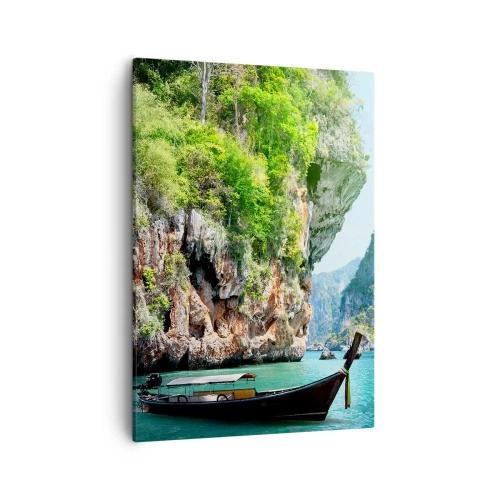 Impression sur toile - Image sur toile - Un bateau traditionnel sur fond de falaises tropicales et d'eaux turquoises - 50x70cm - Une invitation à un voyage exotique - Décoration murale moderne pour le salon et la chambre ARTTOR