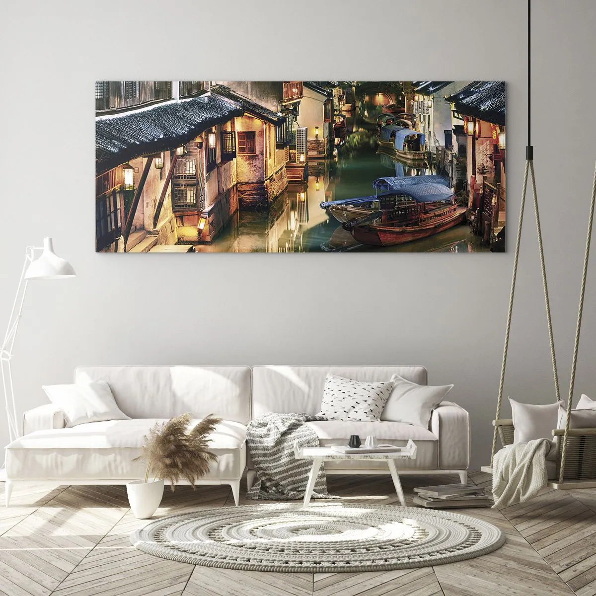 Impression sur verre - Image sur verre - Vue nocturne des canaux avec bateaux et maisons traditionnels - 160x50cm - Soirée dans une rue chinoise - Décoration murale moderne pour le salon et la chambre ARTTOR