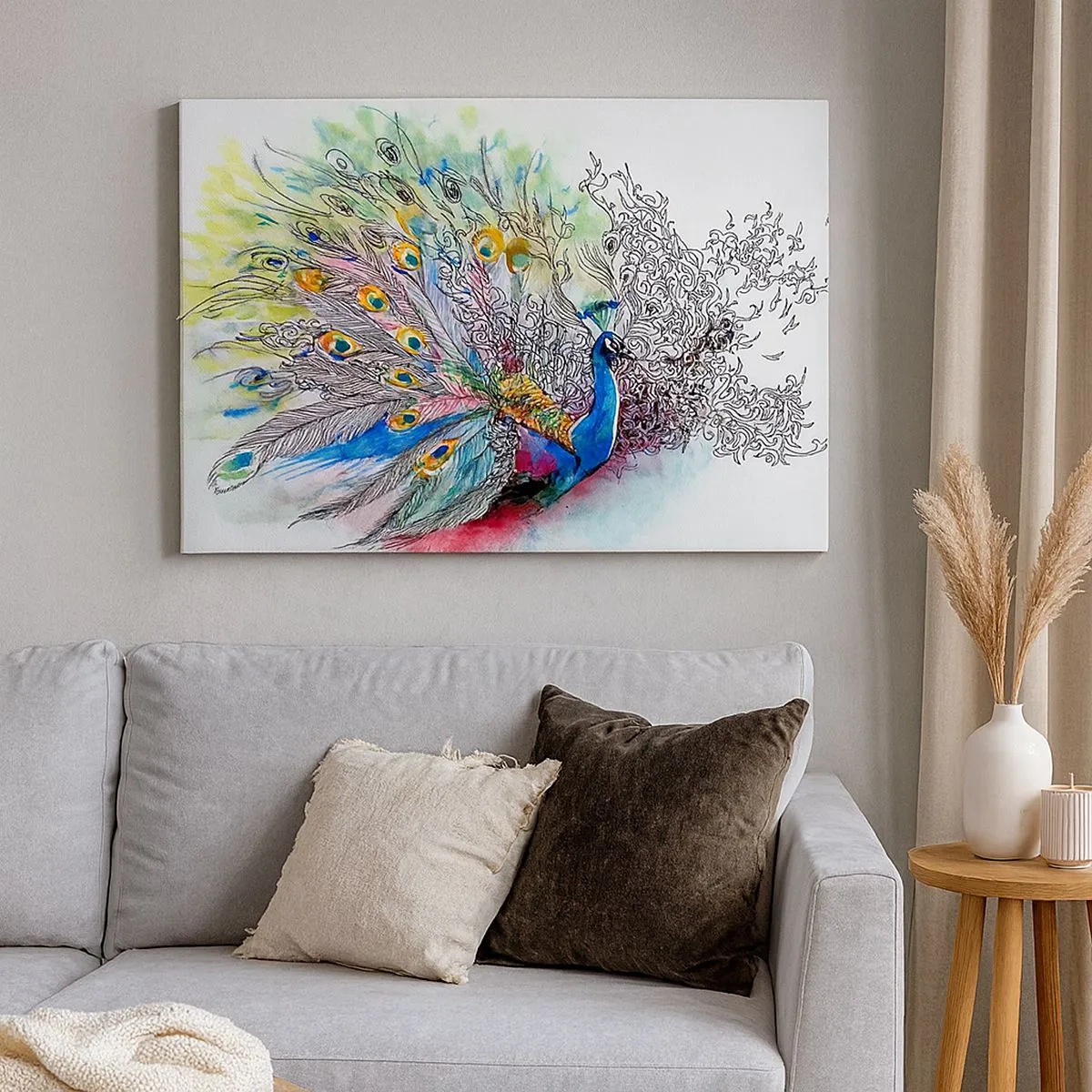Impression sur toile - Image sur toile - Un paon dans un style aquarelle coloré avec des plumes abstraites - 70x50cm - Avec fierté contre la grisaille - Décoration murale moderne pour le salon et la chambre ARTTOR