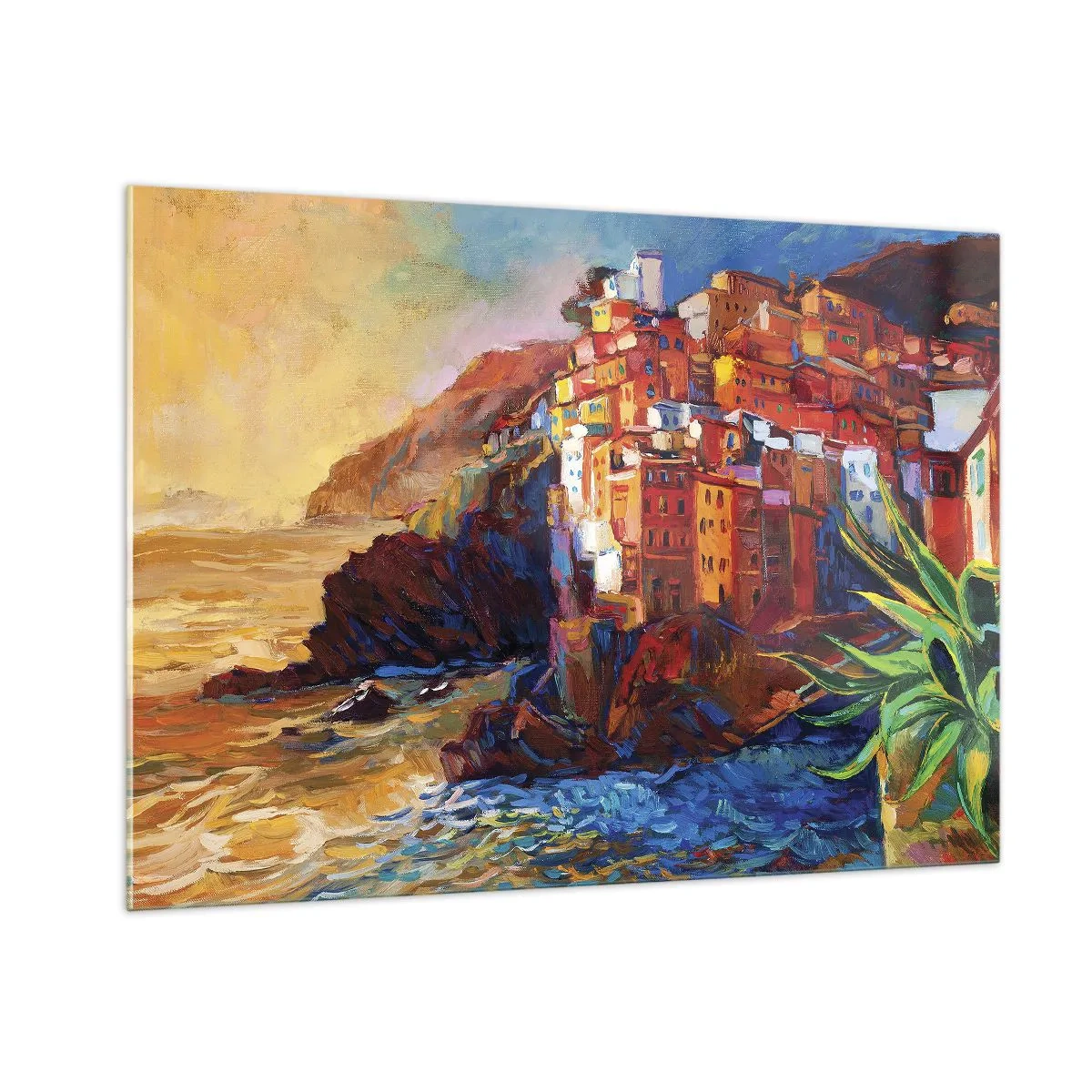 Impression sur verre - Image sur verre - Une ville colorée sur une falaise surplombant la mer - 100x70cm - Climats italien - Décoration murale moderne pour le salon et la chambre ARTTOR