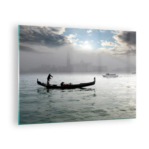 Impression sur verre - Image sur verre - Gondole sur les eaux de Venise par un matin brumeux - 70x50cm - Une ville fabuleuse faite d'eau et de brouillard - Décoration murale moderne pour le salon et la chambre ARTTOR