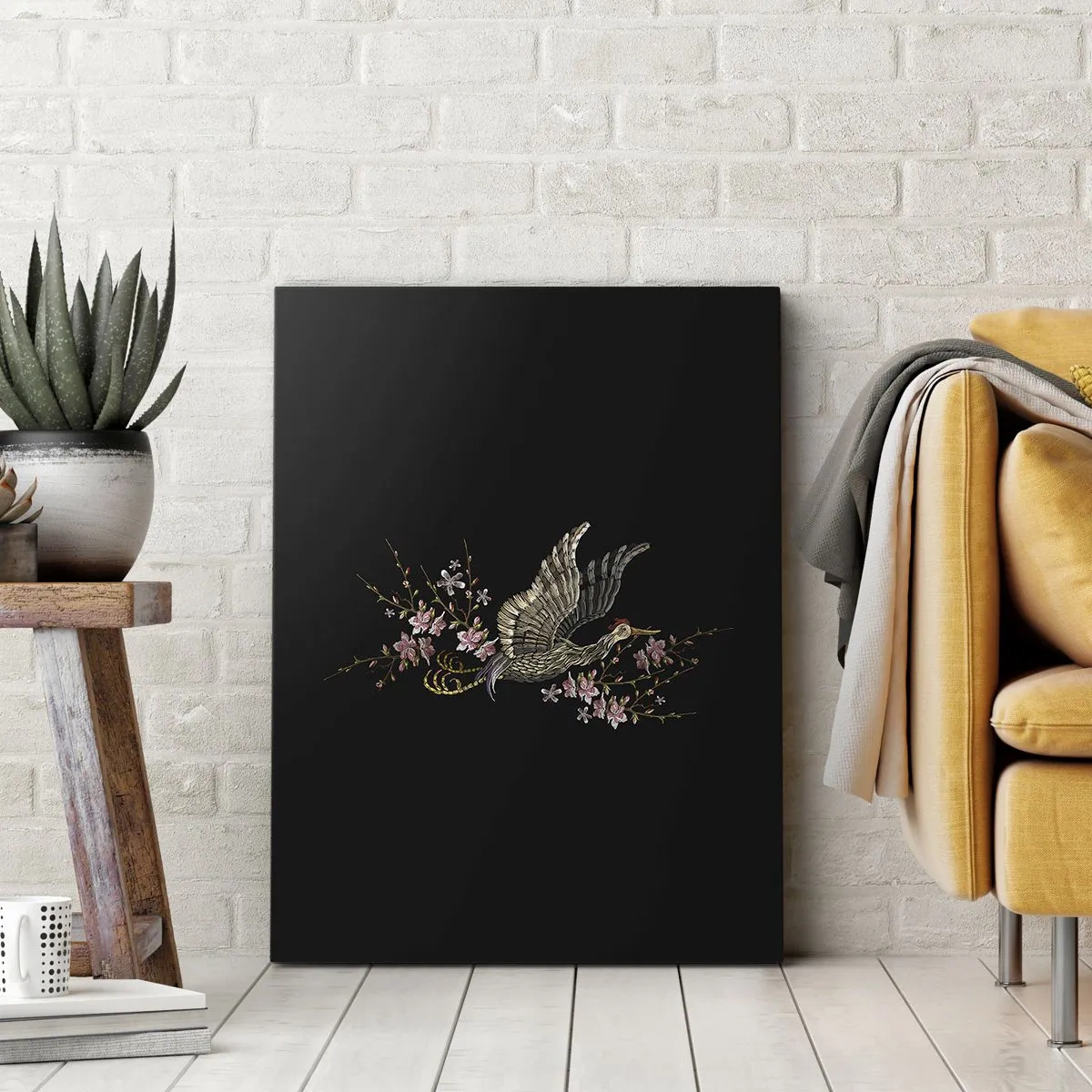 Impression sur toile - Image sur toile - Un oiseau en vol avec des fleurs sur fond noir - 70x100cm - Oiseau brodé exotique - Décoration murale moderne pour le salon et la chambre ARTTOR