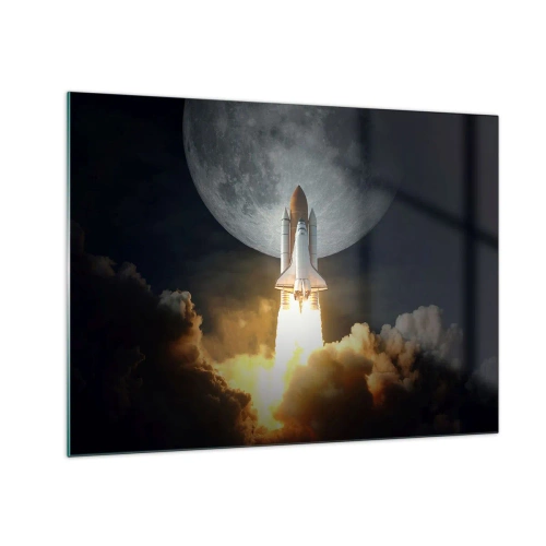 Impression sur verre - Image sur verre - Lancement d'une fusée spatiale avec en arrière-plan la lune et le ciel nocturne. - 70x50cm - Le début d'une aventure surnaturelle - Décoration murale moderne pour le salon et la chambre ARTTOR
