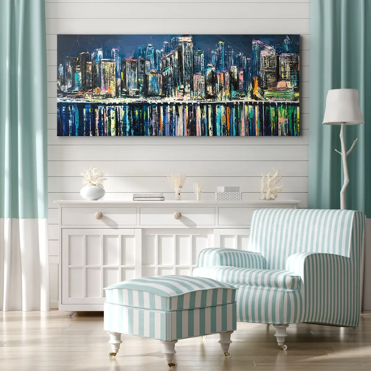 Impression sur toile - Image sur toile - Panorama de la ville nocturne reflétée dans l'eau - 120x50cm - Cascade de lumières - Décoration murale moderne pour le salon et la chambre ARTTOR