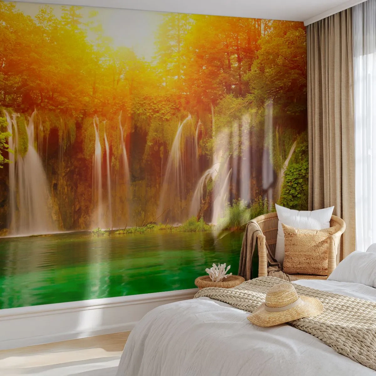 Papier Peint Photo Premium Sand - Cascades pittoresques entourées de verdure au coucher du soleil - 100x70cm - Au soleil et à l'ombre - Décoration murale moderne pour le salon et la chambre ARTTOR