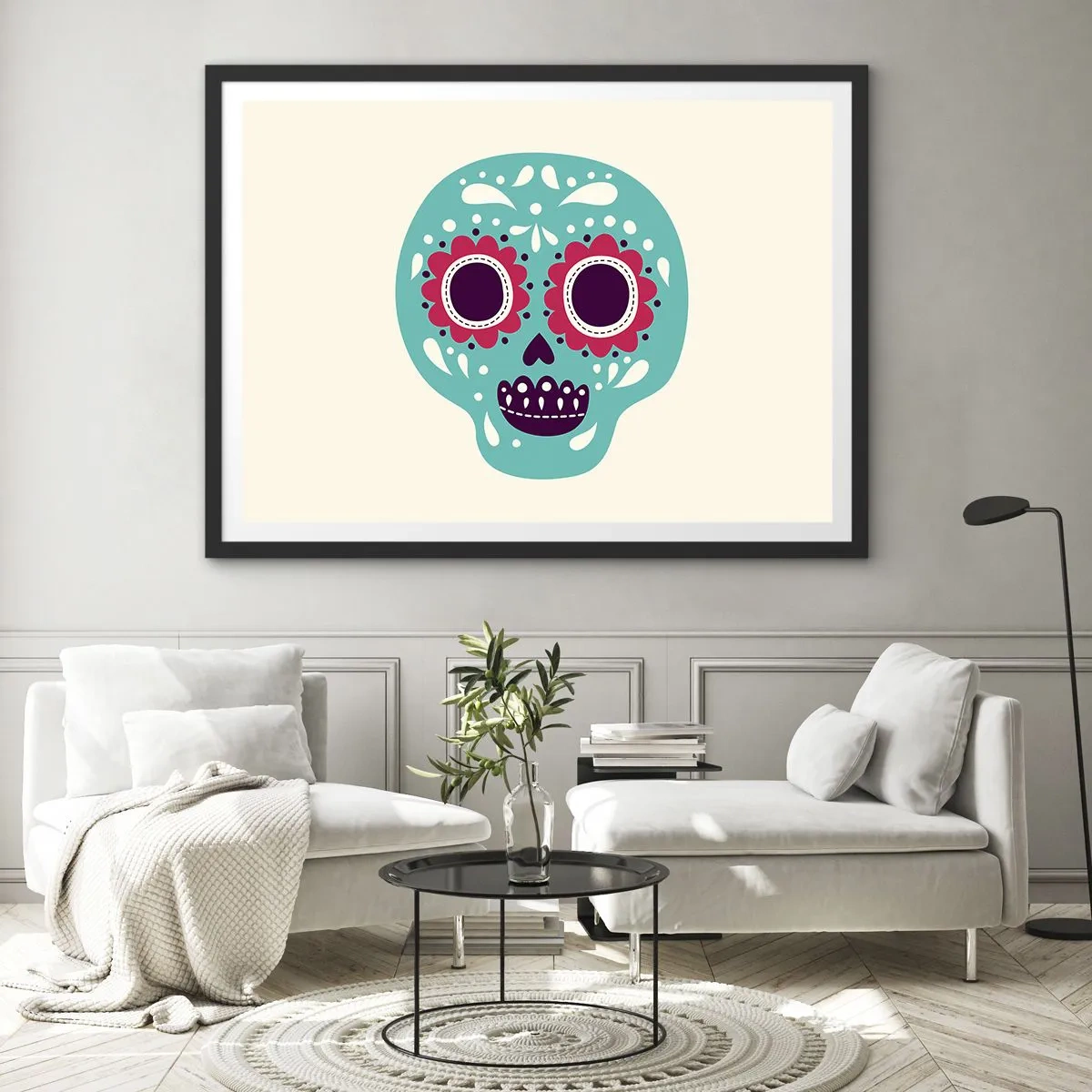 Affiche dans un cadre noir - Poster - Un crâne en sucre turquoise et violet inspiré de la culture mexicaine - 100x70cm - La vie – du plaisir jusqu'à la mort - Décoration murale moderne pour le salon et la chambre ARTTOR