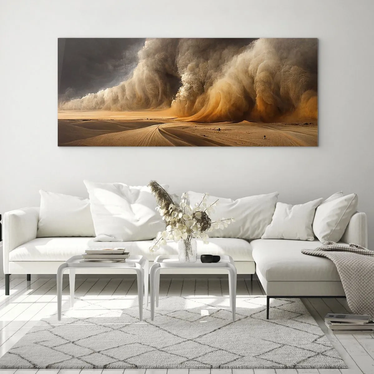 Impression sur verre - Image sur verre - Impressionnante tempête de sable dans le désert - 120x50cm - La colère du désert - Décoration murale moderne pour le salon et la chambre ARTTOR