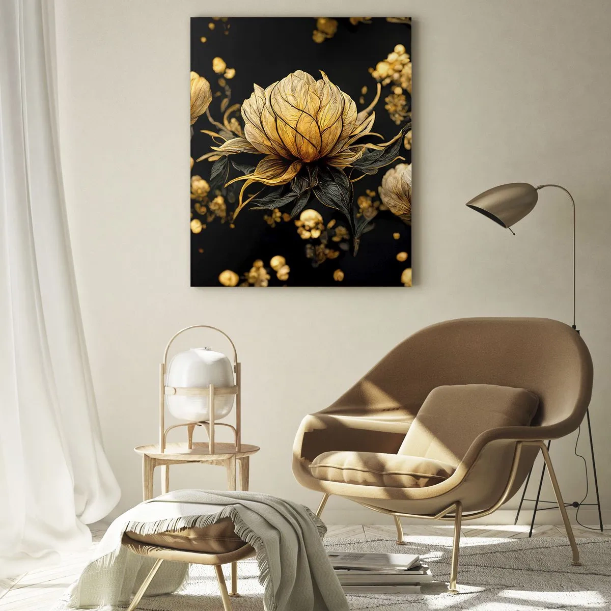Impression sur verre - Image sur verre - Fleurs dorées sur fond noir dans une composition élégante - 50x70cm - Fragilité subtile - Décoration murale moderne pour le salon et la chambre ARTTOR