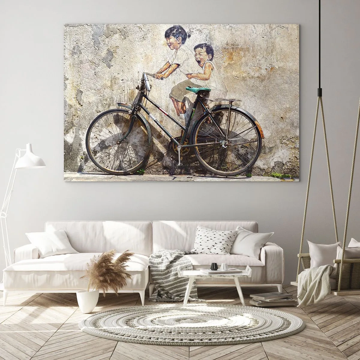 Impression sur verre - Image sur verre - Une peinture murale avec un vélo et des figures d'enfants sur un fond mural. - 120x80cm - Vrai ou faux? - Décoration murale moderne pour le salon et la chambre ARTTOR