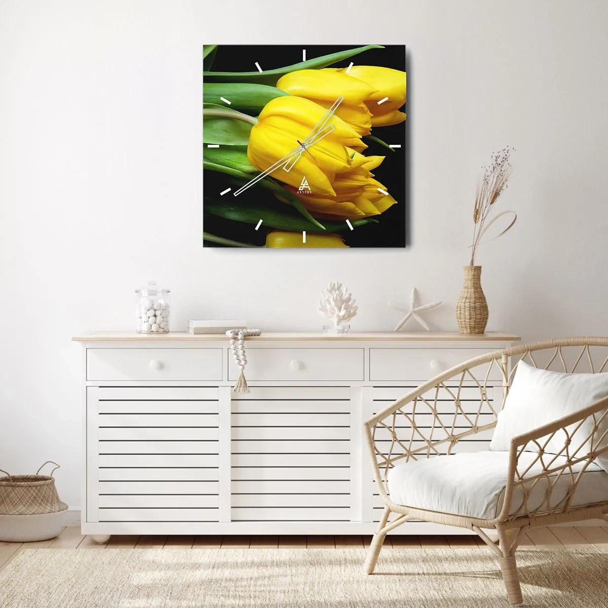Horloge murale - Pendule murale - Un bouquet de tulipes jaunes sur fond noir - 30x30cm - Lever de soleil pur - Décoration murale moderne pour le salon et la chambre ARTTOR