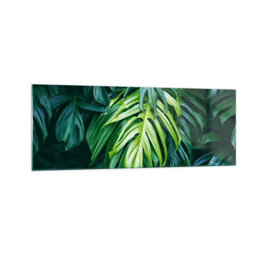 Impression sur verre - Image sur verre - Feuilles vertes dans un arrangement tropical dense - 140x50cm - Immergez-vous dans la fraîcheur - Décoration murale moderne pour le salon et la chambre ARTTOR