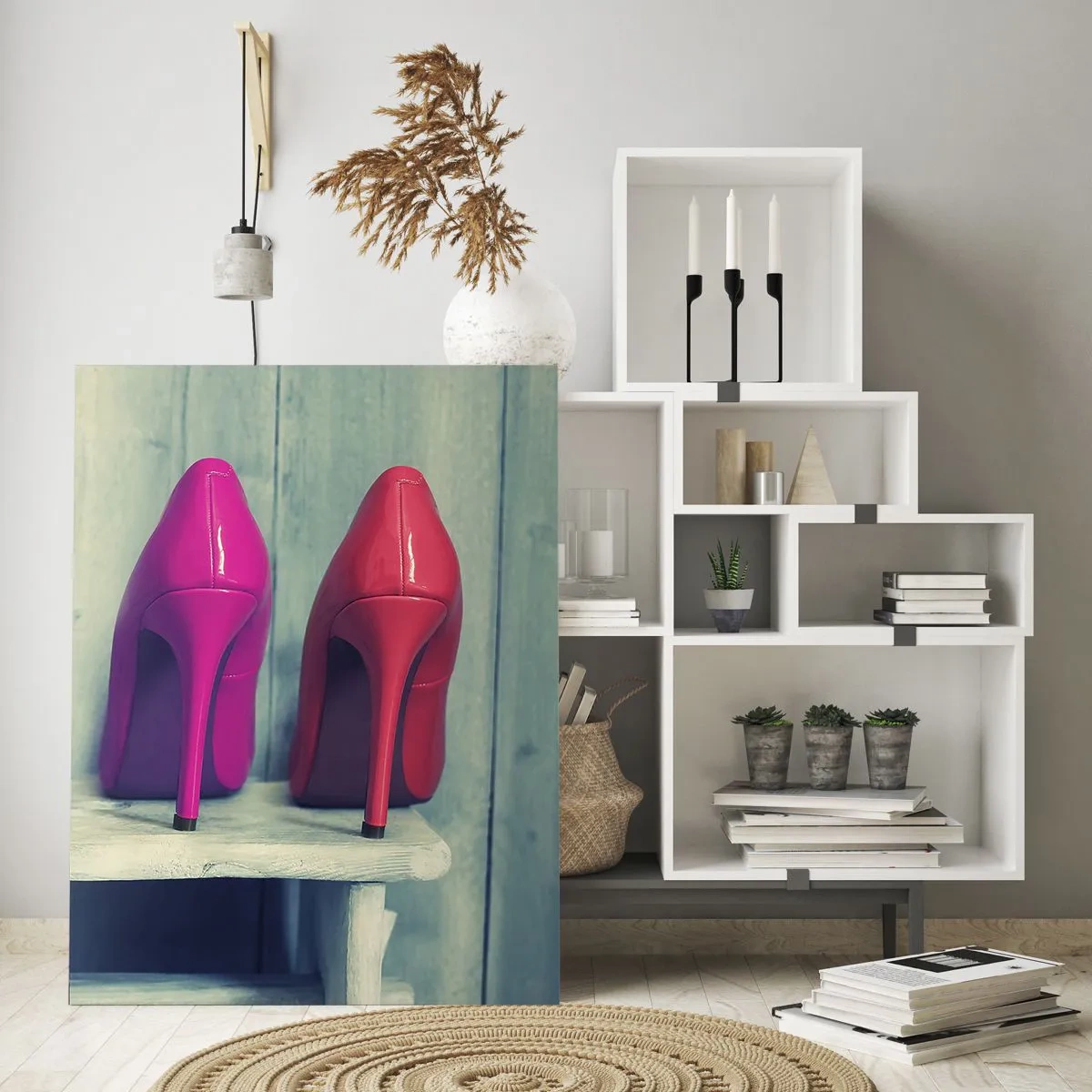 Impression sur verre - Image sur verre - Quatre épingles colorées disposées sur un banc en bois - 50x70cm - Promenade sur l'arc-en-ciel - Décoration murale moderne pour le salon et la chambre ARTTOR