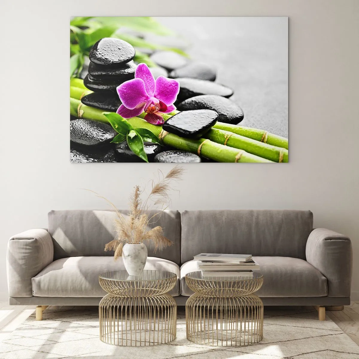 Impression sur verre - Image sur verre - Orchidée, pierres noires et bambou dans un arrangement tranquille - 70x50cm - Dans un équilibre de calme - Décoration murale moderne pour le salon et la chambre ARTTOR