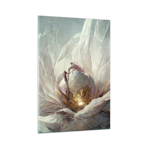 Impression sur verre - Image sur verre - Une fleur blanche délicate avec de subtils accents dorés - 80x120cm - Il fleurit une fois tous les cent ans - Décoration murale moderne pour le salon et la chambre ARTTOR