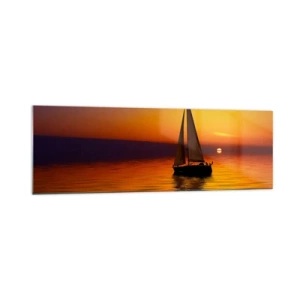 Impression sur verre - Image sur verre - Un voilier sur une mer calme au coucher du soleil - 160x50cm - Comme c'est calme au crépuscule… - Décoration murale moderne pour le salon et la chambre ARTTOR