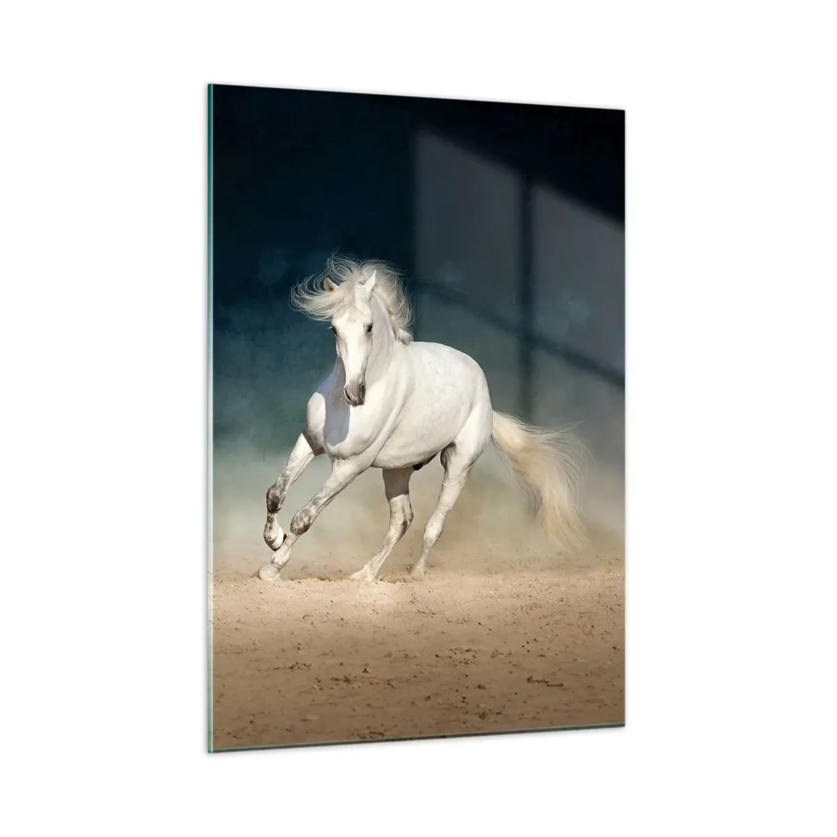 Impression sur verre - Image sur verre - Un cheval blanc galopant sur le sable contre un ciel sombre. - 50x70cm - La liberté à l'état pur - Décoration murale moderne pour le salon et la chambre ARTTOR