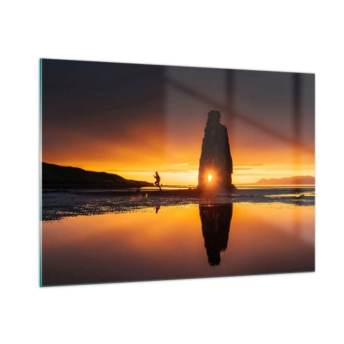 Impression sur verre - Image sur verre - Coucher de soleil avec une silhouette humaine et une formation rocheuse - 100x70cm - Juste vous et la nature - Décoration murale moderne pour le salon et la chambre ARTTOR