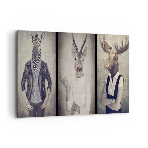 Impression sur toile - Image sur toile - Un triptyque avec des figures animales en vêtements humains sur un fond artistique - 120x80cm - Laissons parler les gestes - Décoration murale moderne pour le salon et la chambre ARTTOR