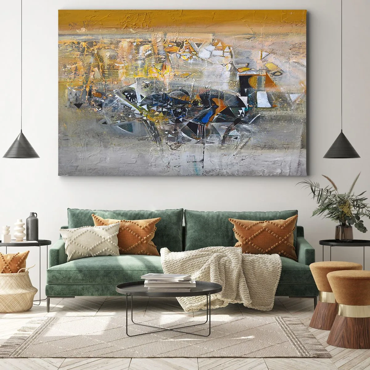 Impression sur toile - Image sur toile - Abstraction avec des nuances dominantes de jaune et de gris - 100x70cm - Tout se met en place - Décoration murale moderne pour le salon et la chambre ARTTOR