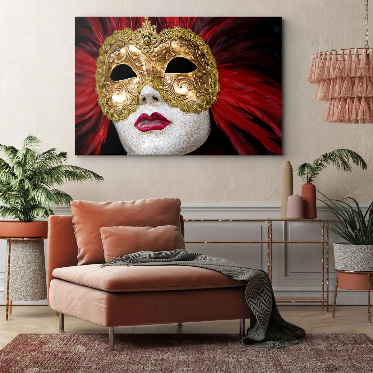 Impression sur toile - Image sur toile - Masque vénitien doré avec plumes rouges - 70x50cm - La promesse d'une aventure carnavalesque - Décoration murale moderne pour le salon et la chambre ARTTOR