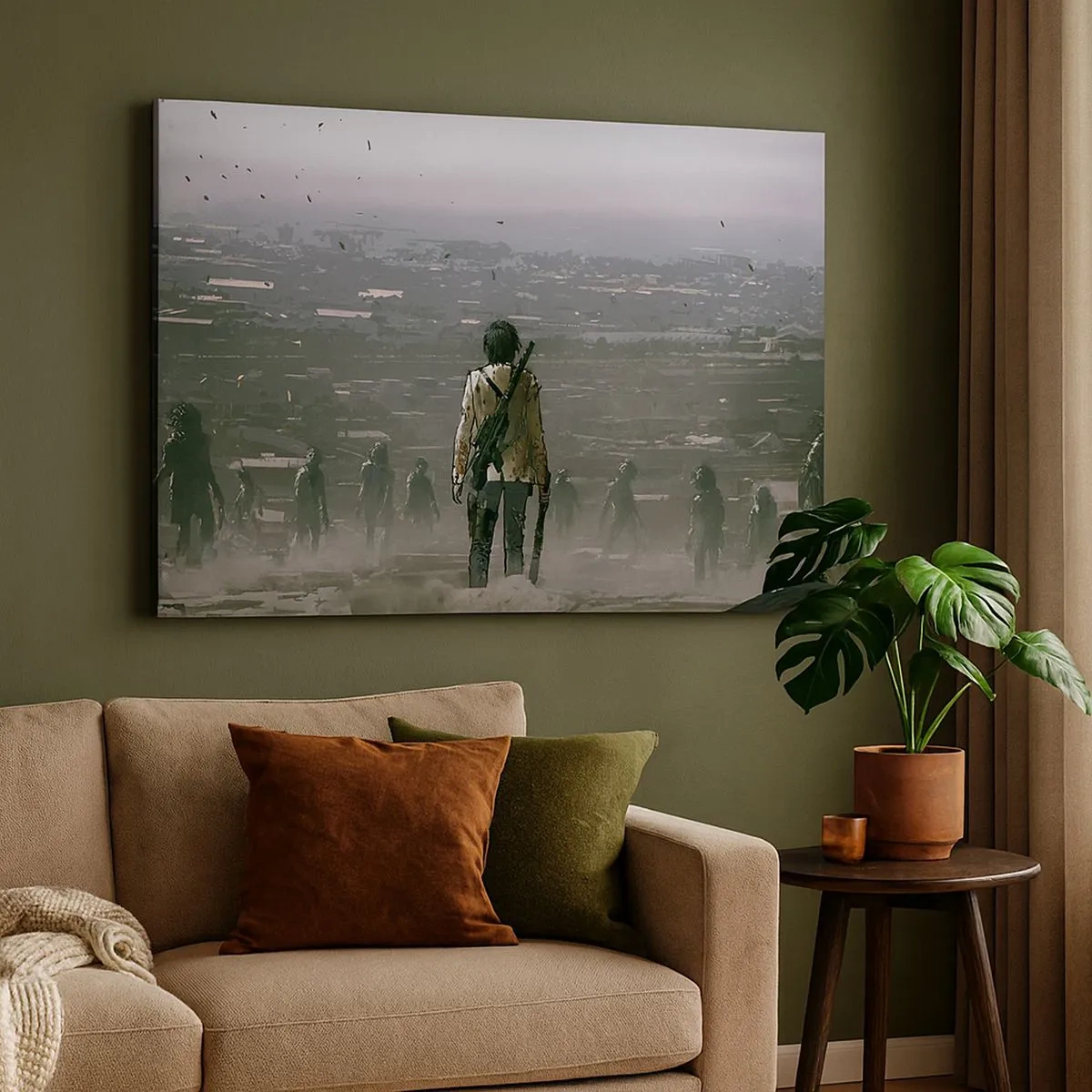 Impression sur toile - Image sur toile - Une silhouette avec une arme se tient devant un groupe dans un paysage dystopique. - 70x50cm - Dernier samaritain ? - Décoration murale moderne pour le salon et la chambre ARTTOR