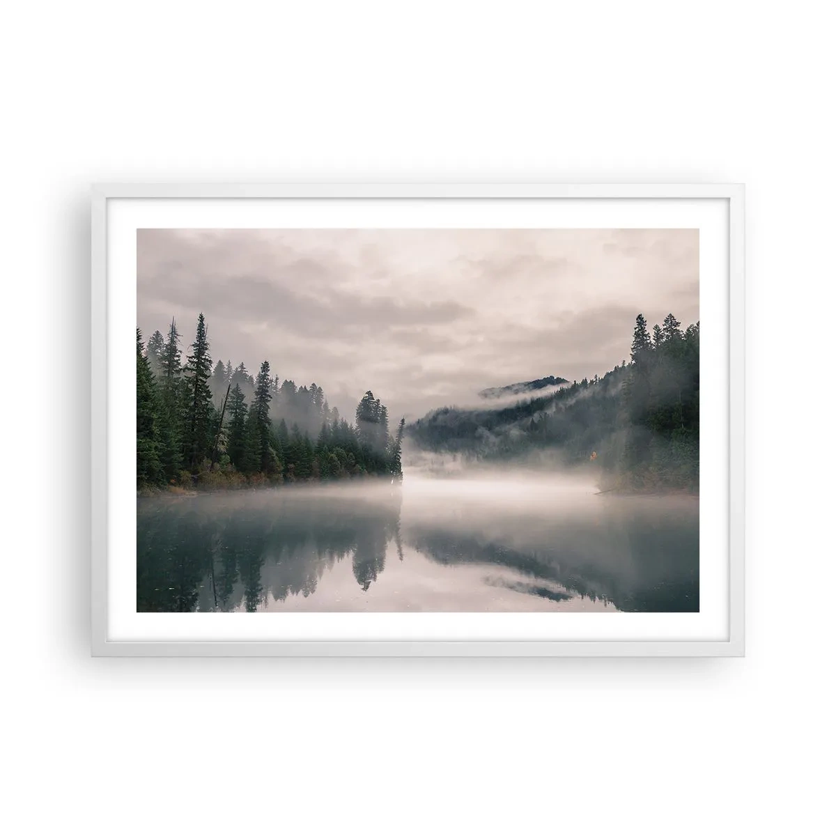 Affiche dans un cadre blanc - Poster - Reflet dans le brouillard - 70x50 cm