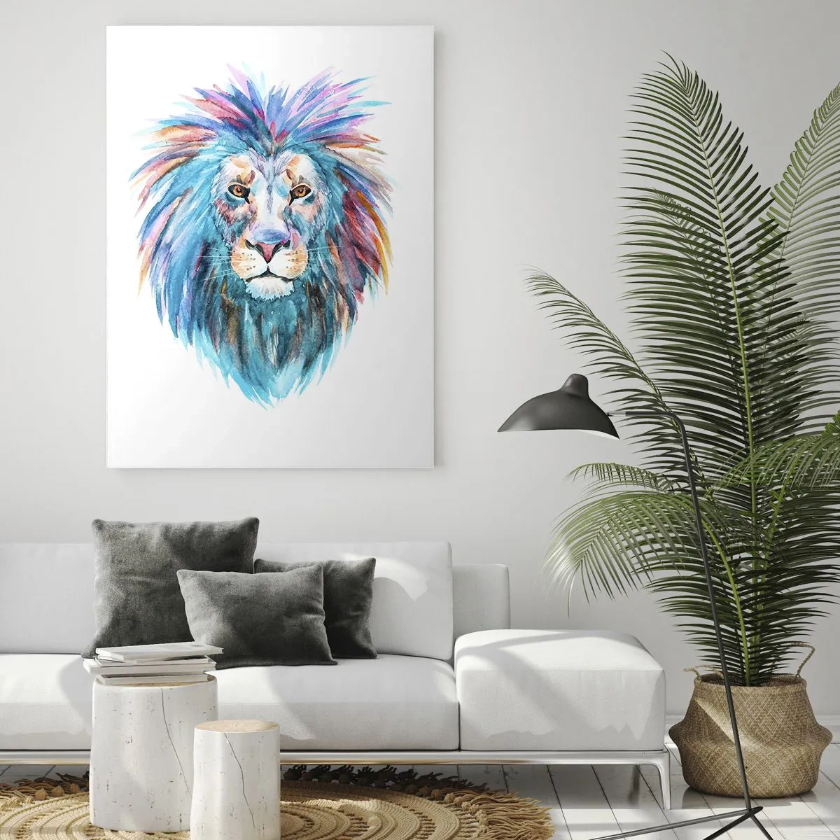 Impression sur verre - Image sur verre - Portrait à l'aquarelle d'un lion aux couleurs vives - 70x100cm - Aura électrique - Décoration murale moderne pour le salon et la chambre ARTTOR