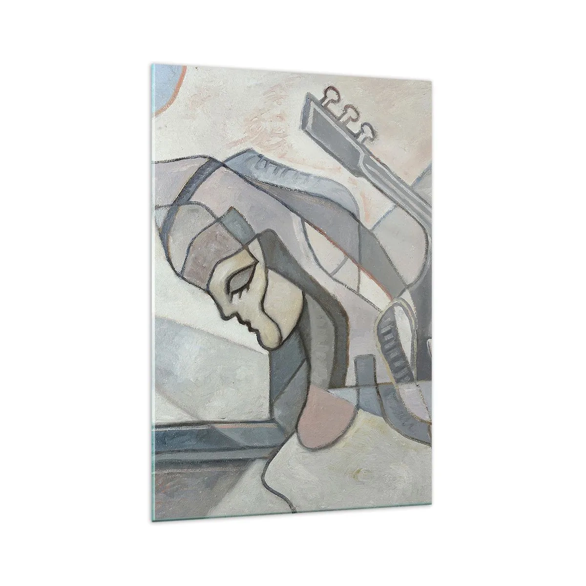 Impression sur verre - Image sur verre - Une figure abstraite avec une guitare aux couleurs pastel. - 70x100cm - Au pouvoir de la musique - Décoration murale moderne pour le salon et la chambre ARTTOR