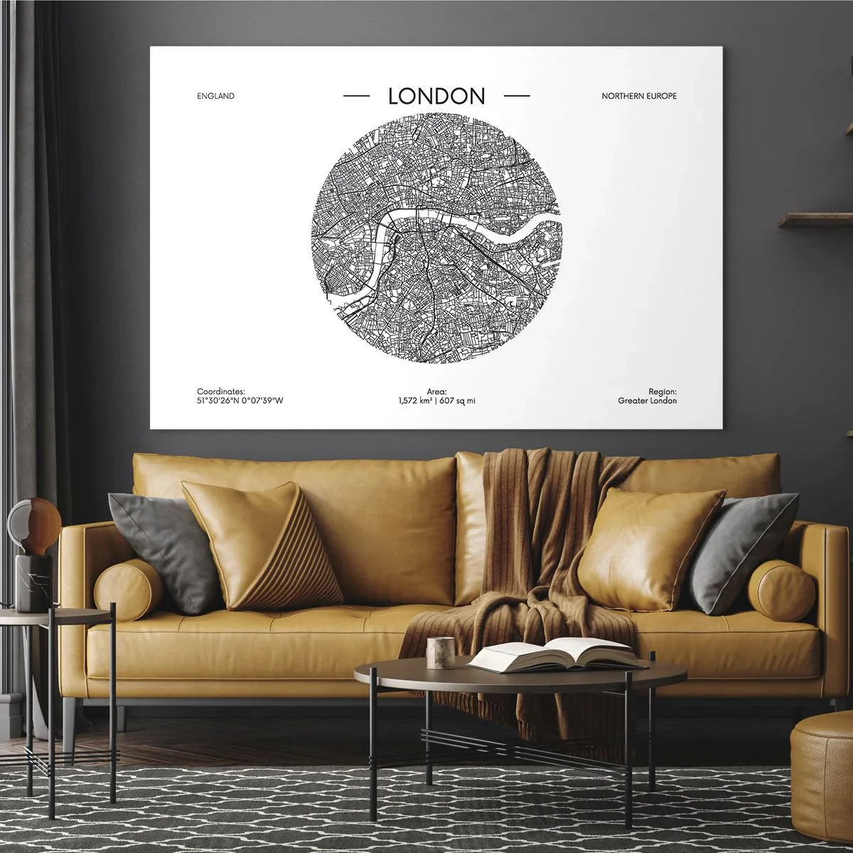 Impression sur verre - Image sur verre - Une carte détaillée de Londres dans un style graphique noir et blanc. - 70x50cm - Anatomie de Londres - Décoration murale moderne pour le salon et la chambre ARTTOR