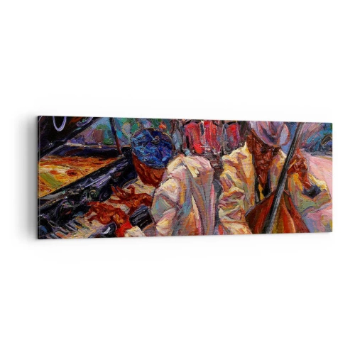 Impression sur toile - Image sur toile - Scène de jazz énergique avec musiciens et instruments - 140x50cm - Dans le même tempo - Décoration murale moderne pour le salon et la chambre ARTTOR