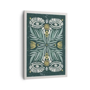 Impression sur toile - Image sur toile - Motif végétal symétrique sur fond vert - 50x70cm - Comme une découpe folklorique - Décoration murale moderne pour le salon et la chambre ARTTOR