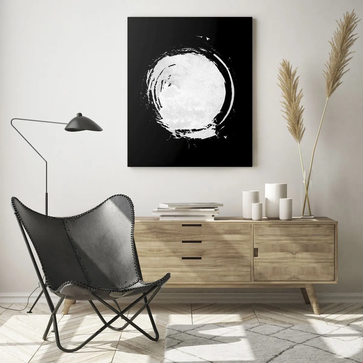 Impression sur verre - Image sur verre - Un cercle blanc sur fond noir dans un style minimaliste. - 80x120cm - Belle sortie - Décoration murale moderne pour le salon et la chambre ARTTOR