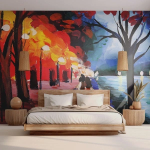 Papier Peint Photo Premium Sand - Une promenade romantique le long du sentier du lac à la lumière des lampes - 100x70cm - Automne flamboyant dans le parc - Décoration murale moderne pour le salon et la chambre ARTTOR