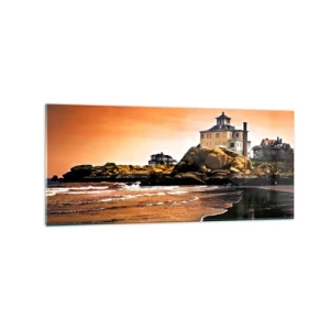 Impression sur verre - Image sur verre - Une maison sur un rocher près de la plage au coucher du soleil avec son reflet dans l'eau - 120x50cm - L'élégance de la côte ouest - Décoration murale moderne pour le salon et la chambre ARTTOR