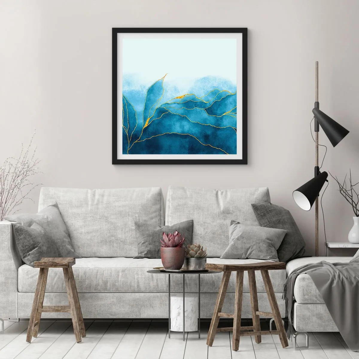 Affiche dans un cadre noir - Poster - Bleu doré - 60x60 cm