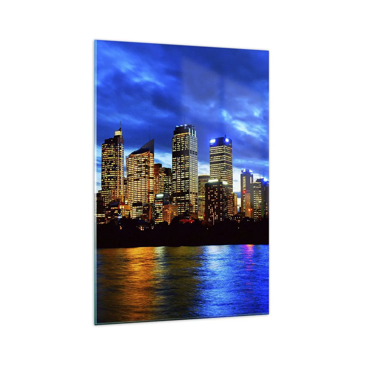Impression sur verre - Image sur verre - Panorama de la ville nocturne avec des gratte-ciel illuminés au-dessus de l'eau - 70x100cm - Une nuit de lumières et de couleurs - Décoration murale moderne pour le salon et la chambre ARTTOR