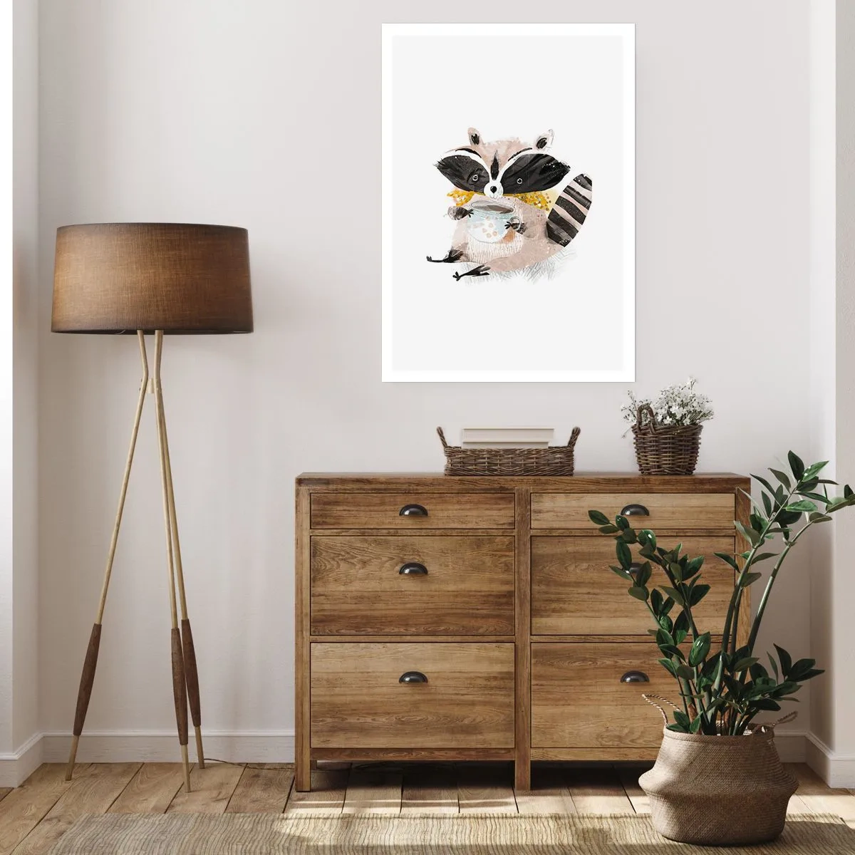 Affiche - Poster - Un dessin d'un raton laveur portant une écharpe et tenant une tasse de thé. - 50x70cm - Mon ami le raton laveur - Décoration murale moderne pour le salon et la chambre ARTTOR