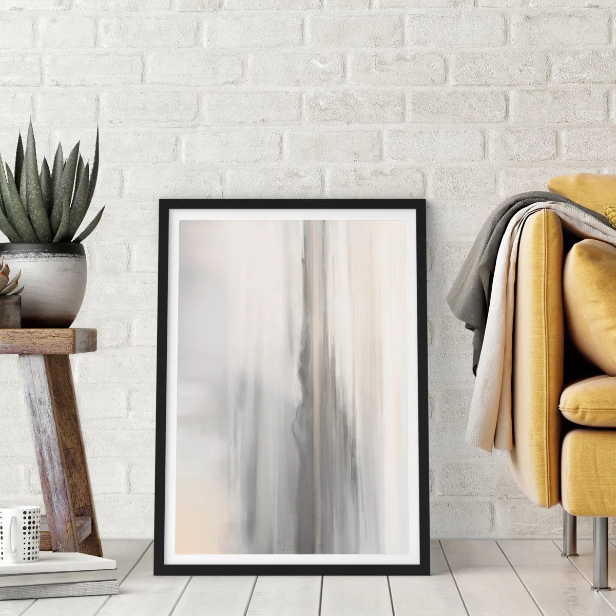 Affiche dans un cadre noir - Poster - De subtiles stries verticales dans des tons de gris et de beige - 50x70cm - Distance réfléchie - Décoration murale moderne pour le salon et la chambre ARTTOR
