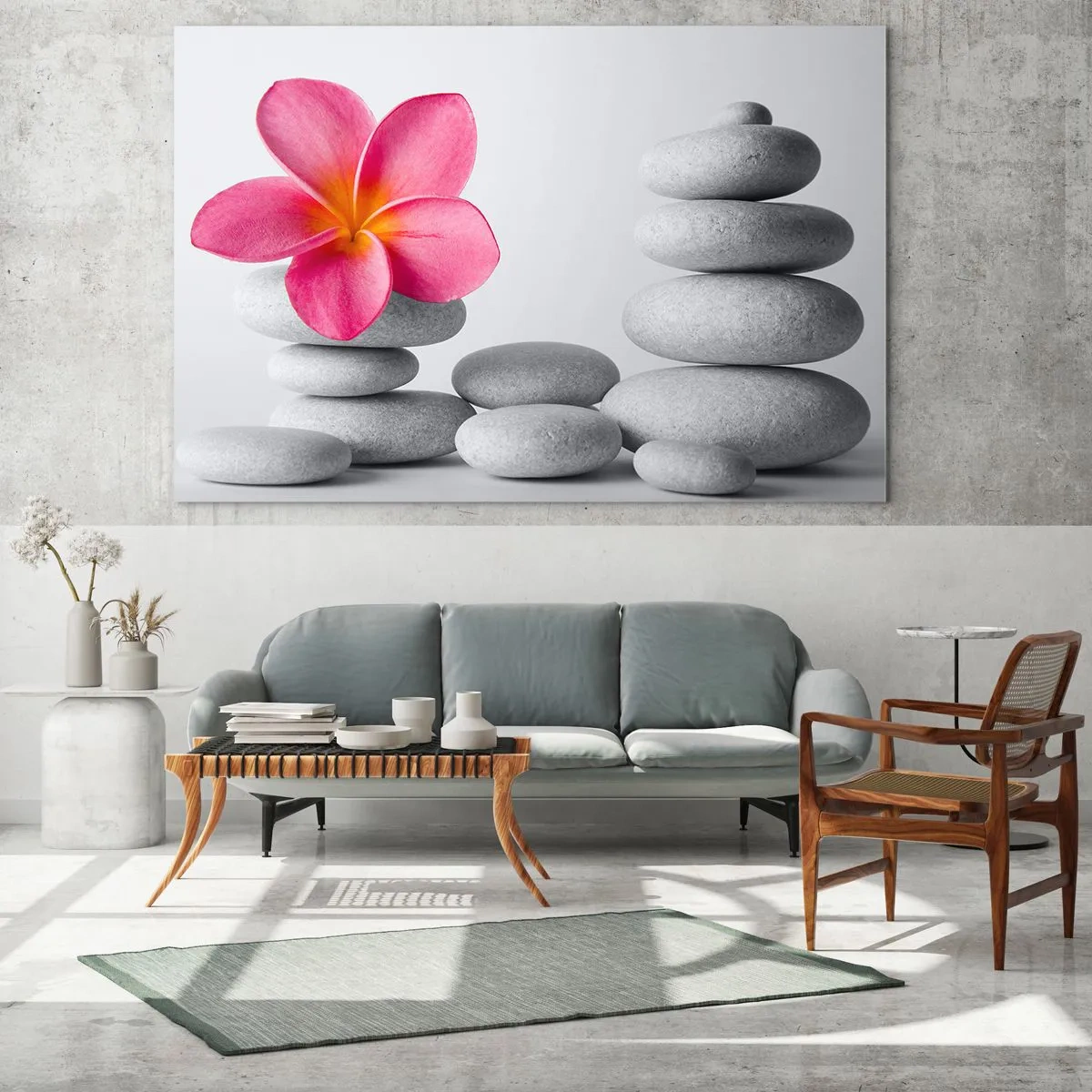 Impression sur verre - Image sur verre - Une fleur rose contre un tas de pierres blanches - 70x50cm - Pierre sur pierre, et sur cette pierre... - Décoration murale moderne pour le salon et la chambre ARTTOR