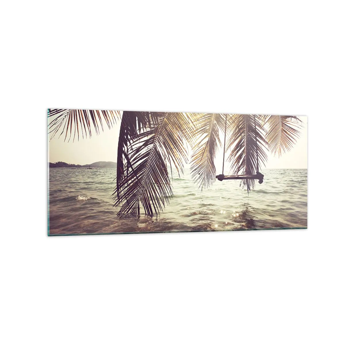 Impression sur verre - Image sur verre - Palmier avec une balançoire au-dessus de l'eau au soleil - 120x50cm - Vous pouvez vous balancer dans les nuages