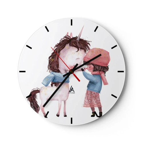 Horloge murale - Pendule murale - Une fille en tenue d'hiver embrassant une licorne sur fond blanc - 30x30cm - Histoire d'hiver - Décoration murale moderne pour le salon, la cuisine et la chambre ARTTOR
