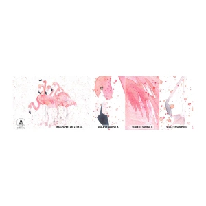 Échantillon de Papier Peint Autocollant Deluxe Sticker - Ensemble rose - Flamants roses, Des oiseaux, Graphique - 100x30 cm