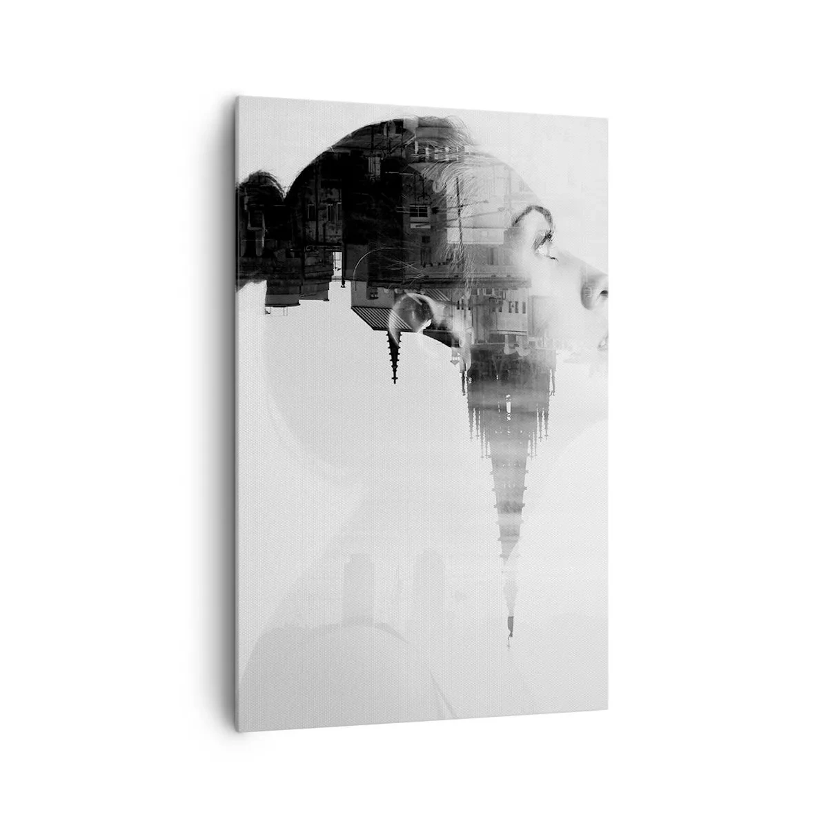 Impression sur toile - Image sur toile - Portrait d'une femme avec le contour d'une ville en arrière-plan, couleurs noir et blanc - 80x120cm - Des deux côtés du verre - Décoration murale moderne pour le salon et la chambre ARTTOR