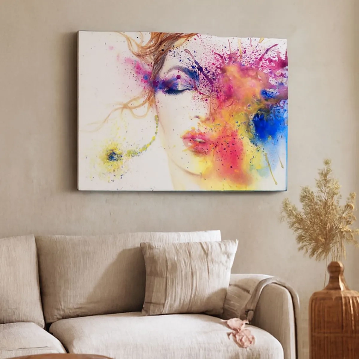 Impression sur toile - Image sur toile - Un portrait artistique d'une femme aux couleurs aquarelles expressives. - 70x50cm - Vertiges arc-en-ciel - Décoration murale moderne pour le salon et la chambre ARTTOR