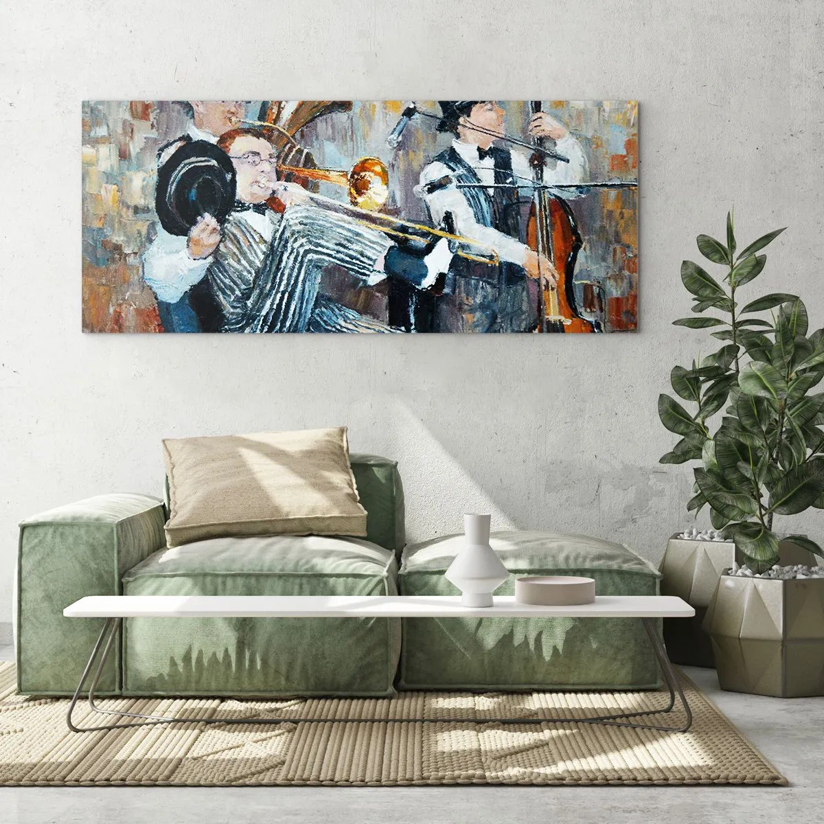 Impression sur verre - Image sur verre - Des musiciens de jazz dans un style pictural lors d'un concert - 120x50cm - C'est tout le Jazz - Décoration murale moderne pour le salon et la chambre ARTTOR