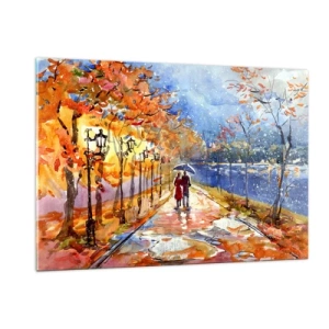Impression sur verre - Image sur verre - Une promenade d'automne le long de l'avenue avec des feuilles colorées et des lanternes - 120x80cm - Ensemble jusqu'au bout du temps - Décoration murale moderne pour le salon et la chambre ARTTOR