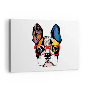 Impression sur toile - Image sur toile - Bouledogue dans une illustration colorée avec des lunettes rouges - 120x80cm - Intellectuel - Décoration murale moderne pour le salon et la chambre ARTTOR