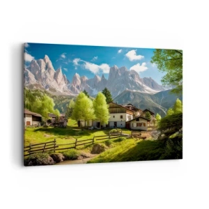 Impression sur toile - Image sur toile - Un village de montagne avec des maisons et une vue sur les Alpes - 100x70cm - Idylle alpine - Décoration murale moderne pour le salon et la chambre ARTTOR
