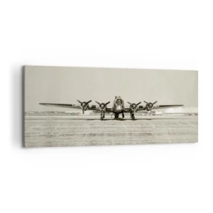 Impression sur toile - Image sur toile - Avion historique à l'aéroport en sépia - 120x50cm - Toujours prêt! - Décoration murale moderne pour le salon et la chambre ARTTOR